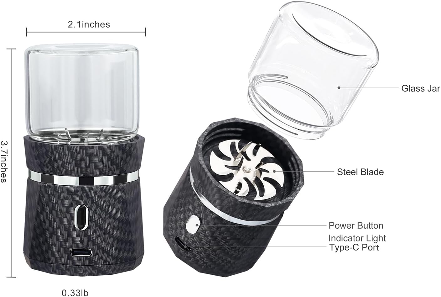 Unique Electric Herb Grinder,  Mini Size 2x3.5inches with 2pcs 1.7oz/50ml Glass Jar