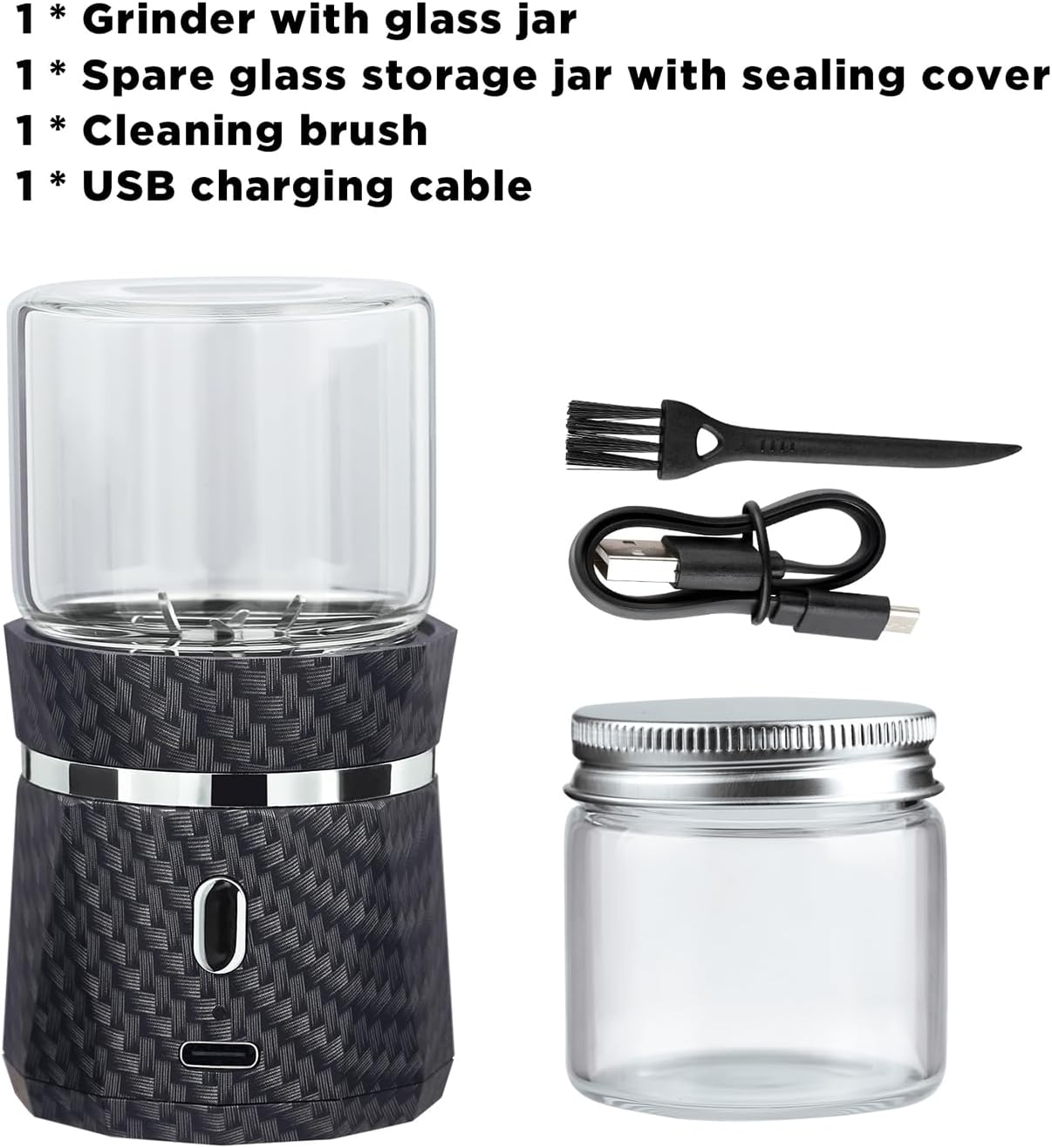 Unique Electric Herb Grinder,  Mini Size 2x3.5inches with 2pcs 1.7oz/50ml Glass Jar